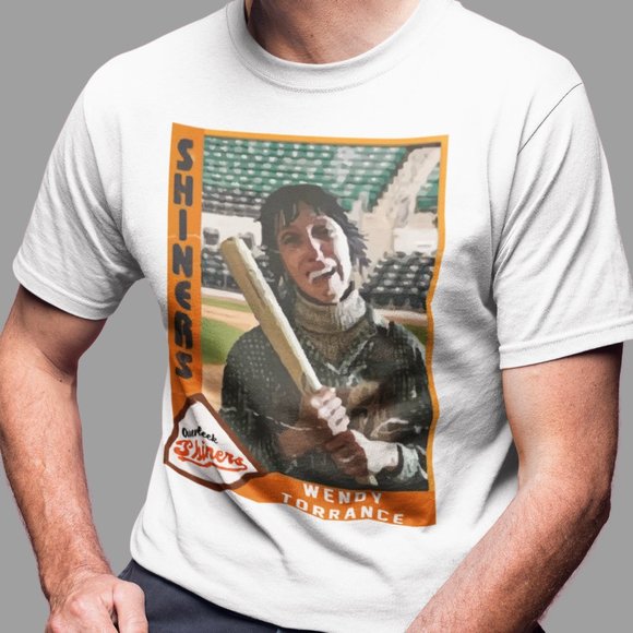 WENDY TORRANCE CLASSIC HORROR MOVIE VICTIM BASEBALL CARD DESIGN SHIRT - Picture 1 of 2